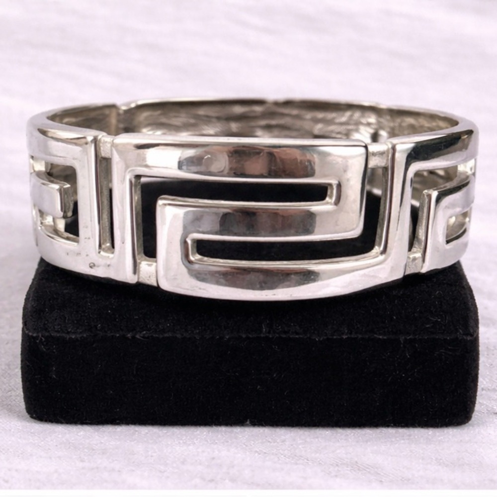 Vintage Silver Tone Geometric Hinged Cuff Bracelet Statement Modernist - Picture 5 of 5